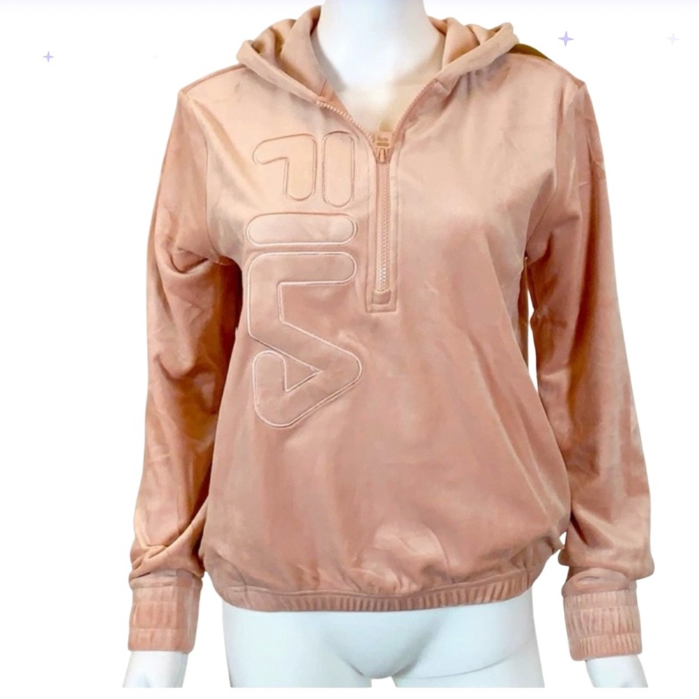 Fila Sweatshirt Women's LARGE  Velour
Hooded 1/4 Zip Pink Logo Spellout
Stretch